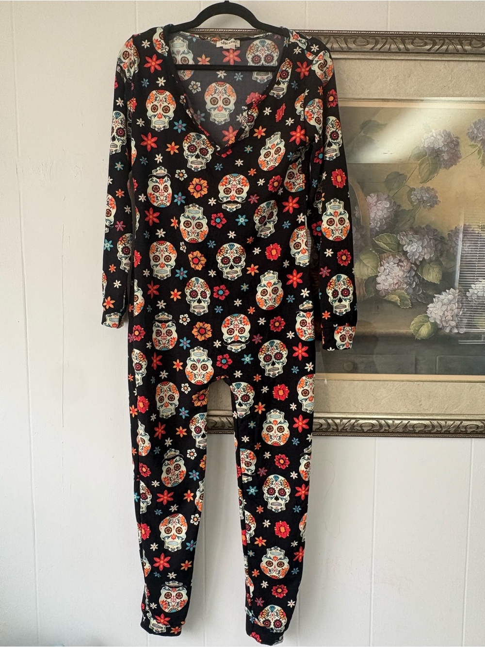 Shosho Sugar Skull Jumpsuit Women’s M/L Black Floral Day of the Dead Halloween
